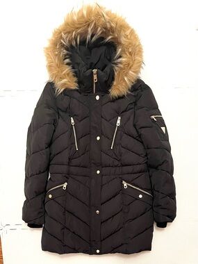 Guess Faux Fur Trim Hooded Puffer Coat Chevron Quilted Black Size L